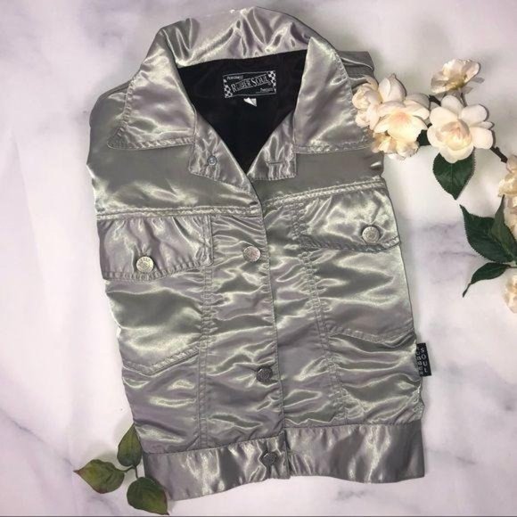 90s LA Vintage RUBBER SOUL Stylish Metallic Silver Satin Cropped Jacket. Size 1 - Picture 6 of 6